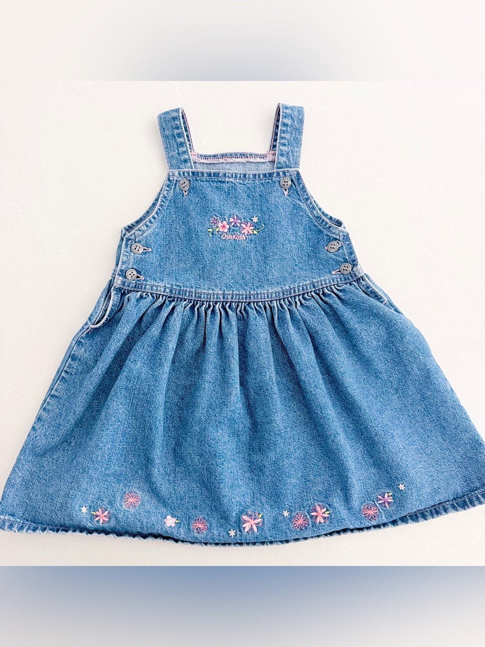 Vintage OshKosh B’gosh Toddler Girls Floral Embroidered Denim Dress • Size 3T